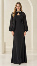 Front full-length view of woman wearing black rhinestone collar cape evening maxi dress