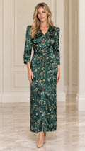 Front full-length view of model wearing Emerald Green floral satin lapel maxi dress
