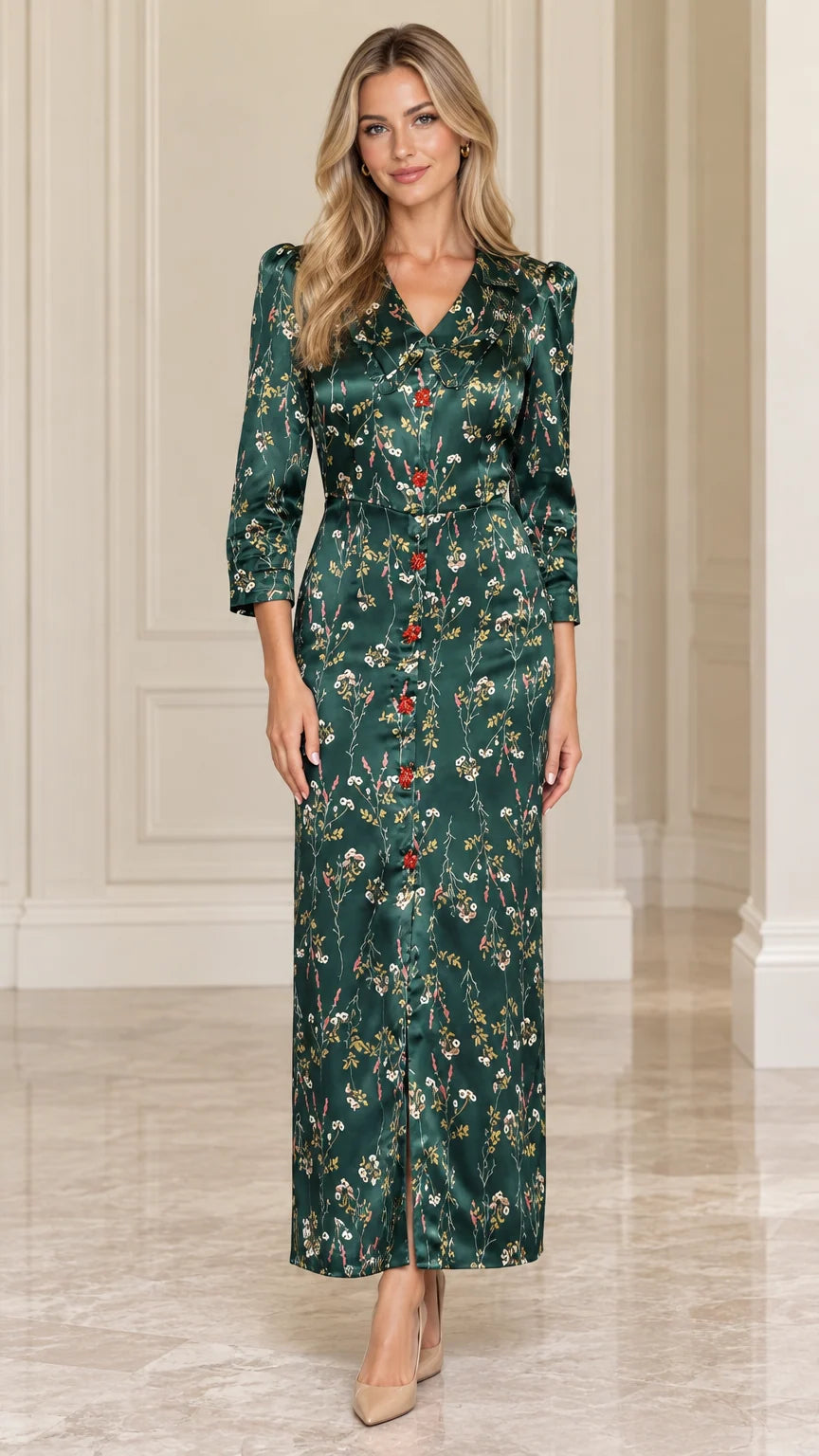 Front full-length view of model wearing Emerald Green floral satin lapel maxi dress