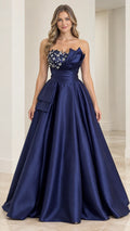 Front full-length view of woman wearing navy blue strapless beaded satin ball gown