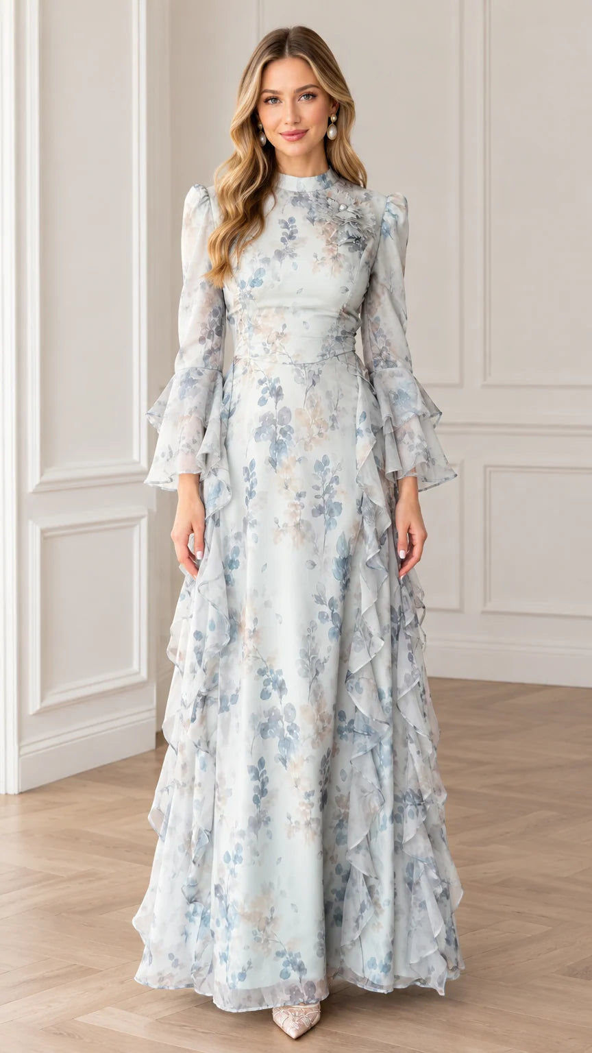 Front view of woman wearing Light Blue floral high-neck maxi dress with tiered ruffle bell sleeves