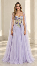 Full front view of lavender floral embroidered tulle evening gown with cape sleeves