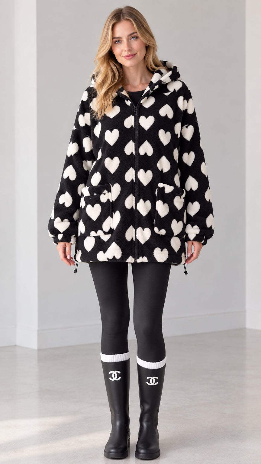 Women's black and white heart print plush fleece hooded jacket front view