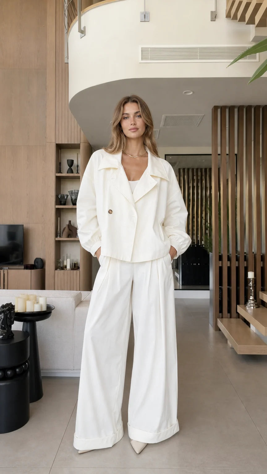 Front view of a woman wearing the white cropped blazer and wide-leg pants set