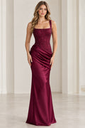 Burgundy square neck beaded corset satin evening gown front view
