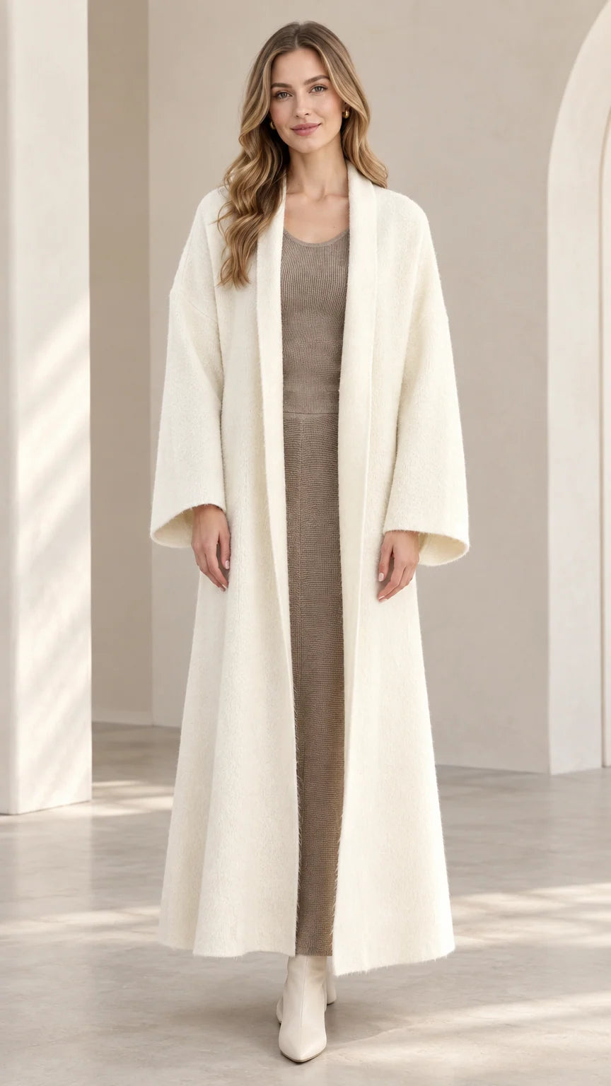 Front view of model wearing off-white maxi open-front duster coat with beige dress and boots