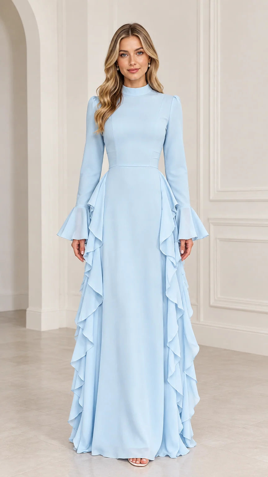 Front view of woman wearing Light Blue mock neck long sleeve maxi dress with side cascade ruffles