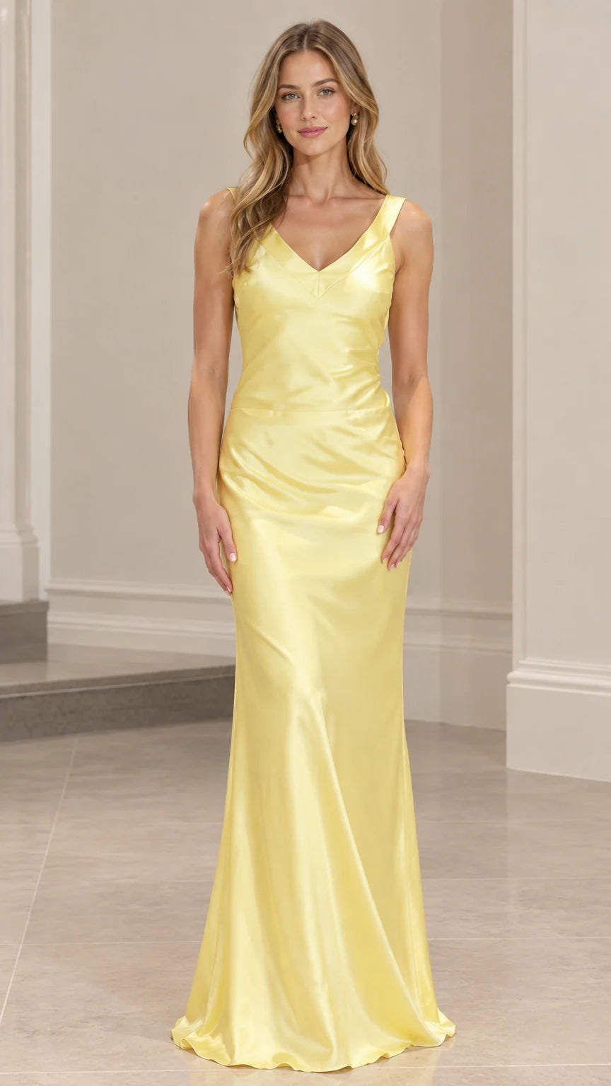 Front view of model wearing pastel yellow V-neck satin maxi dress
