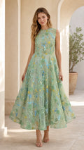 Sage green floral embroidered midi dress front view