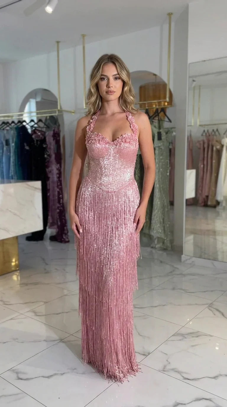 Dusty Rose halter neck corset maxi dress with 3D floral details and fringe skirt front view
