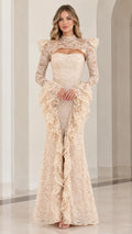 Front view of model wearing Champagne high neck tiered ruffle lace evening gown