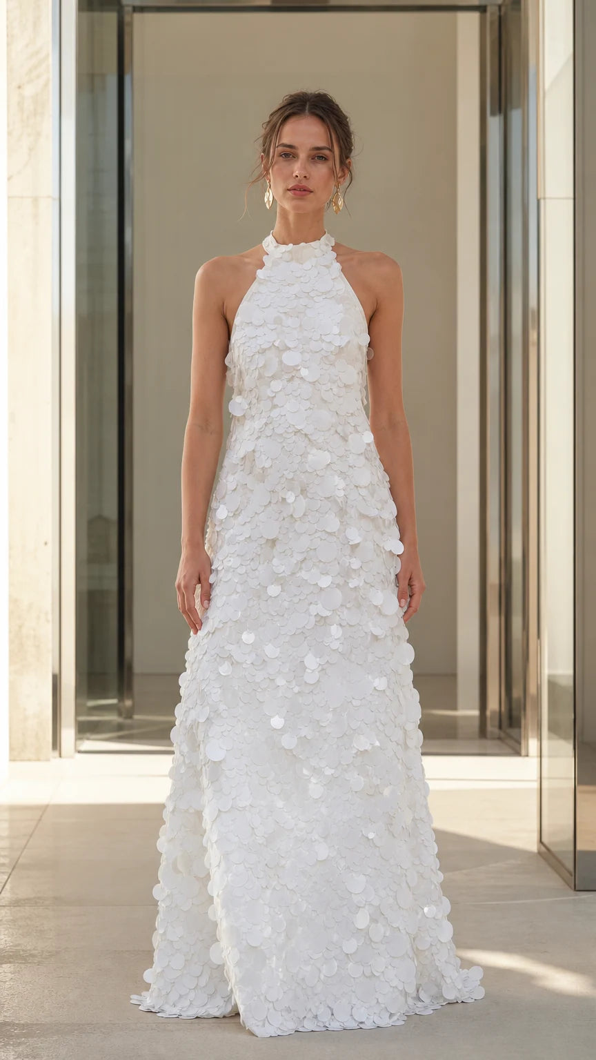 Front view of White 3D floral applique halter maxi dress