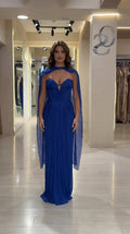 Royal Blue Pleated Chiffon Cape Evening Gown Front View
