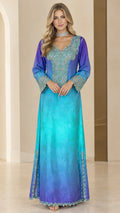Front full-length view of woman in royal blue and turquoise ombre embroidered kaftan dress
