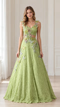 Front view of woman wearing Sage Green 3D butterfly lace cutout evening gown
