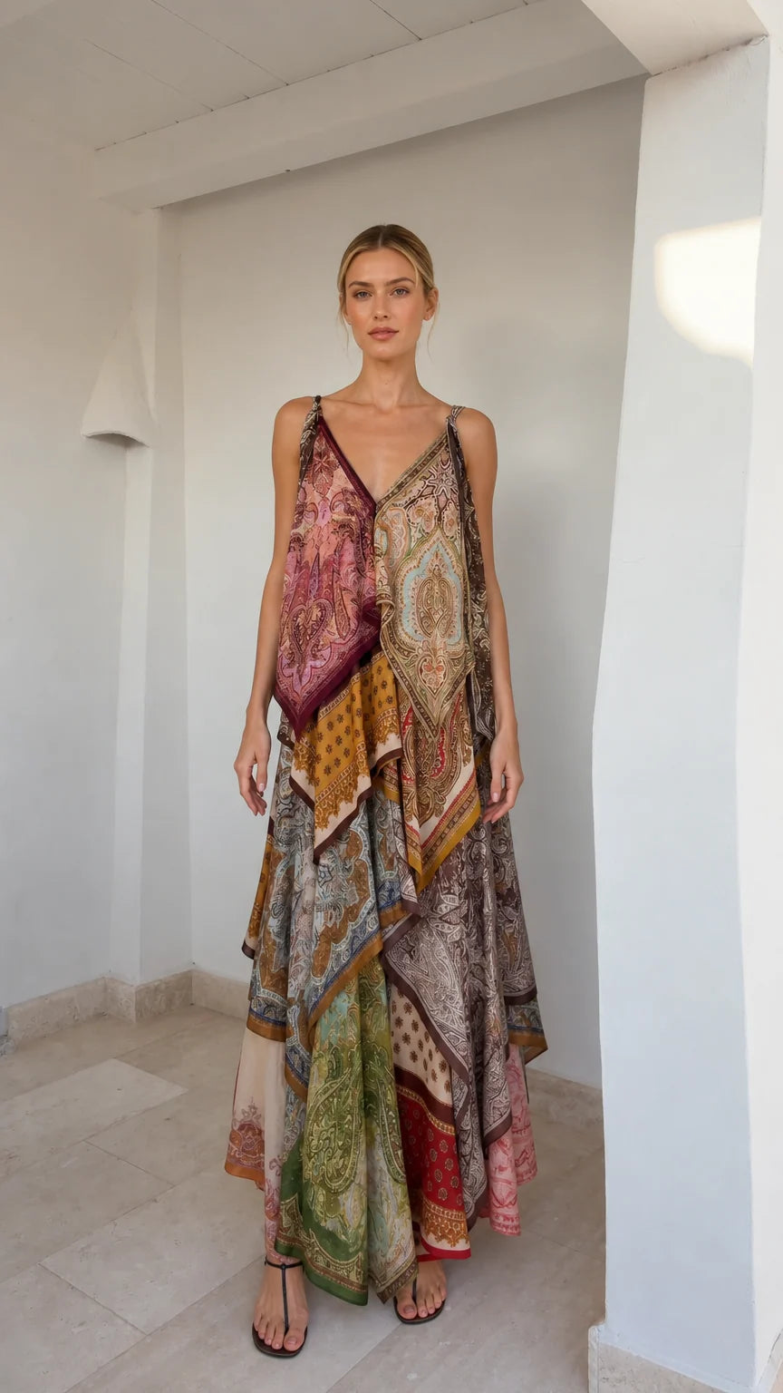 Front view of model wearing boho patchwork print maxi dress
