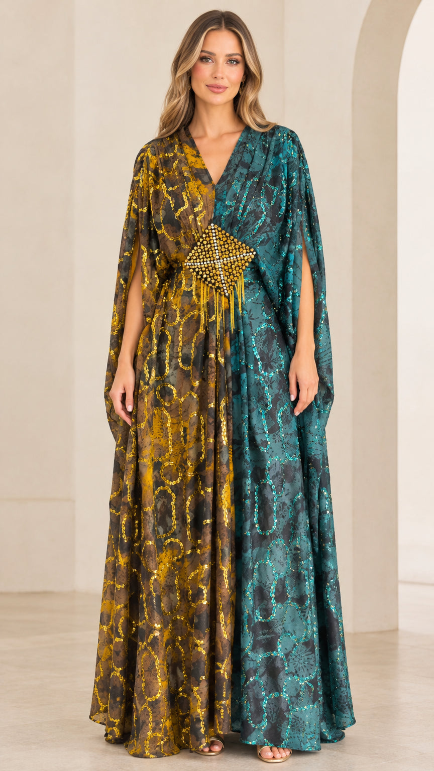 Teal and gold split tone maxi kaftan dress with embellished waist