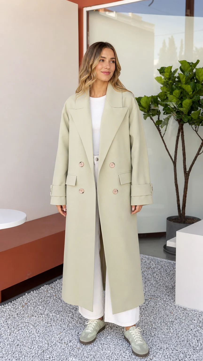 Front full view of woman wearing Sage Green double-breasted maxi trench coat with white wide-leg trousers