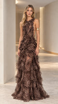Full front view of model wearing Classic Brown leopard print tiered ruffle backless maxi gown