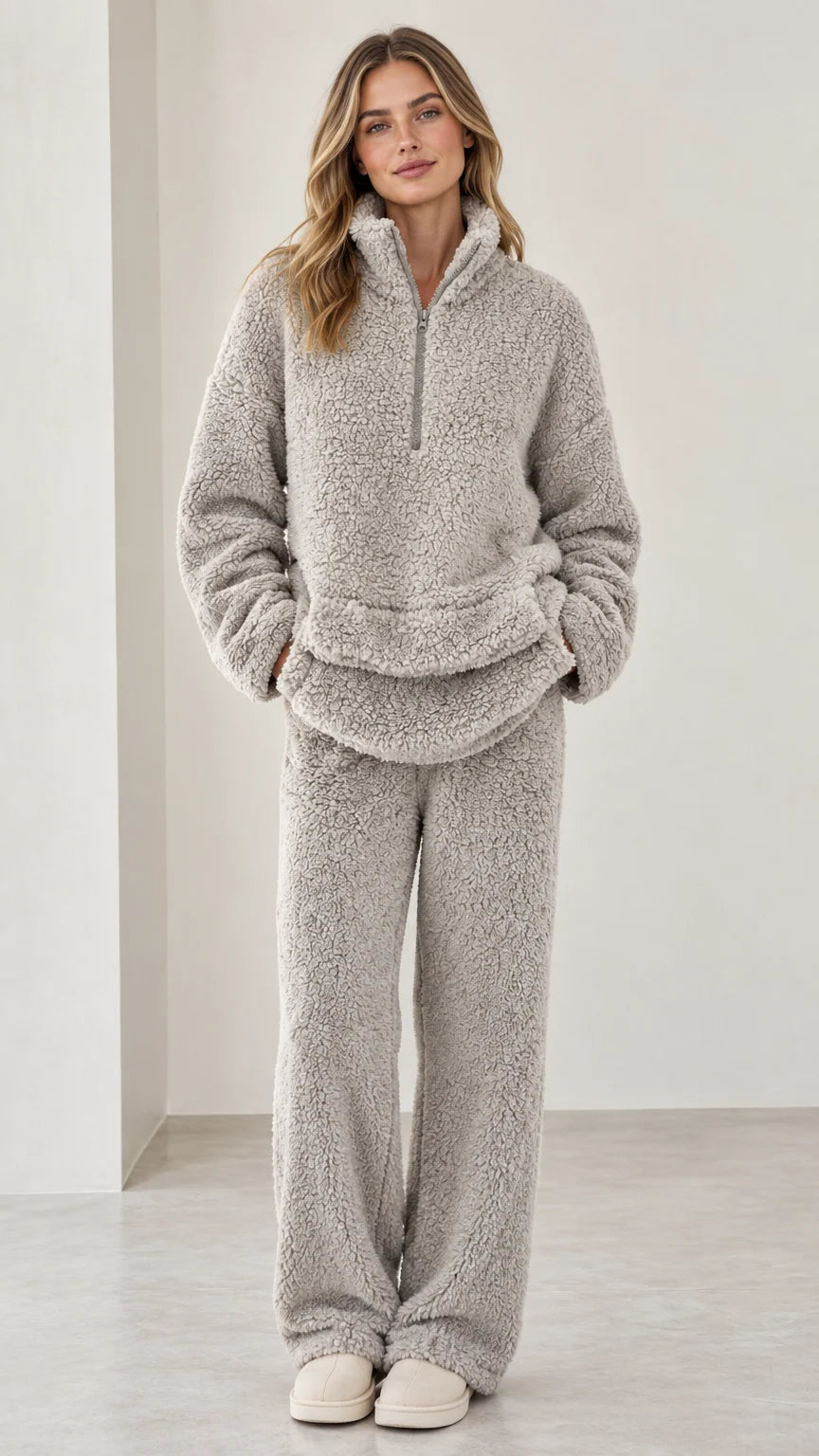 Full front view of model wearing light gray sherpa fleece quarter-zip loungewear set