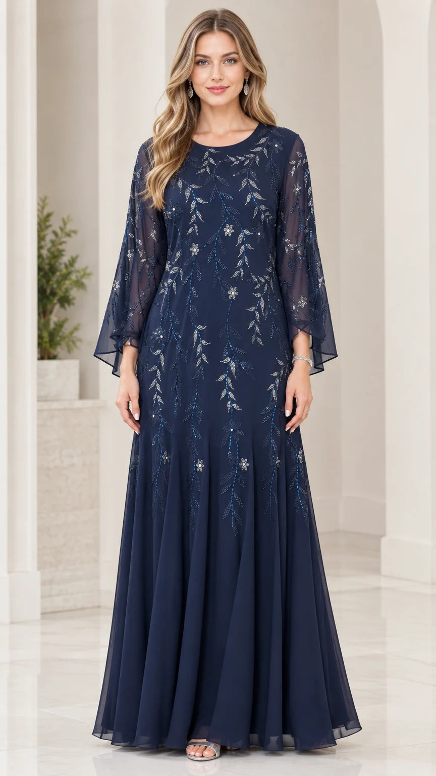 Front view of model wearing Navy Blue embroidered sequin bell sleeve chiffon maxi evening gown