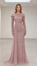 Dusty Rose beaded long-sleeve evening gown with draped waist and portrait neckline - front view