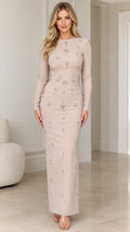 Front view of champagne long sleeve embellished maxi column dress