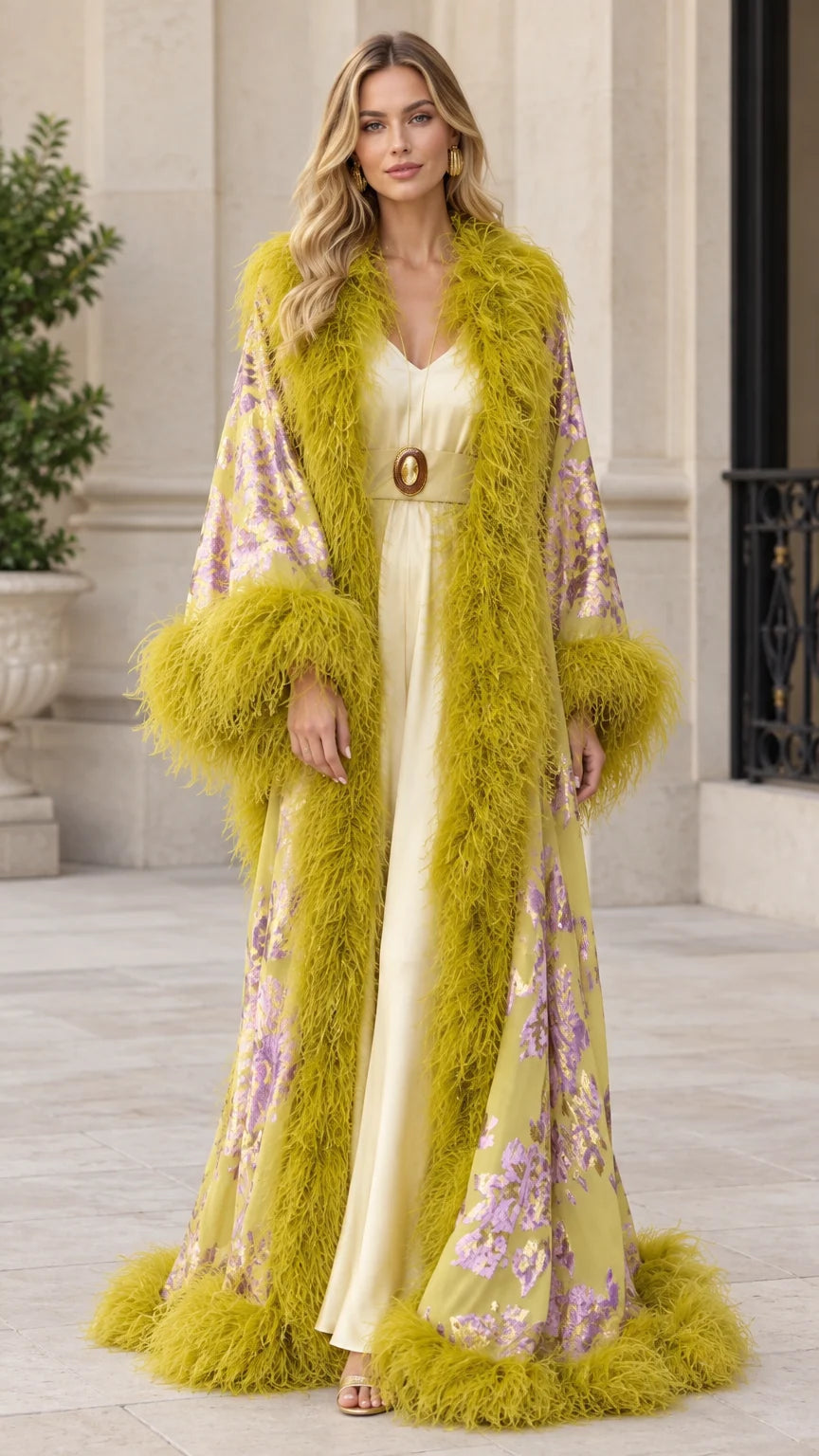 Chartreuse yellow floral jacquard maxi duster robe with voluminous matching feather trim