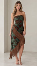 Olive Green strapless floral midi dress with asymmetric brown fringe trim - front view