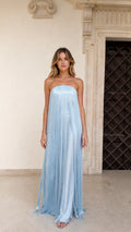 Model wearing Light Blue strapless fringe maxi dress front view