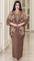 Front view of model wearing mocha brown 2-piece embellished chiffon kaftan maxi dress set