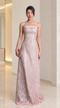 Blush pink strapless embroidered lace column maxi gown front view