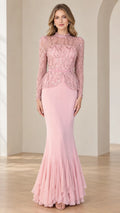Front full-length view of woman wearing blush pink high neck beaded peplum mermaid evening gown