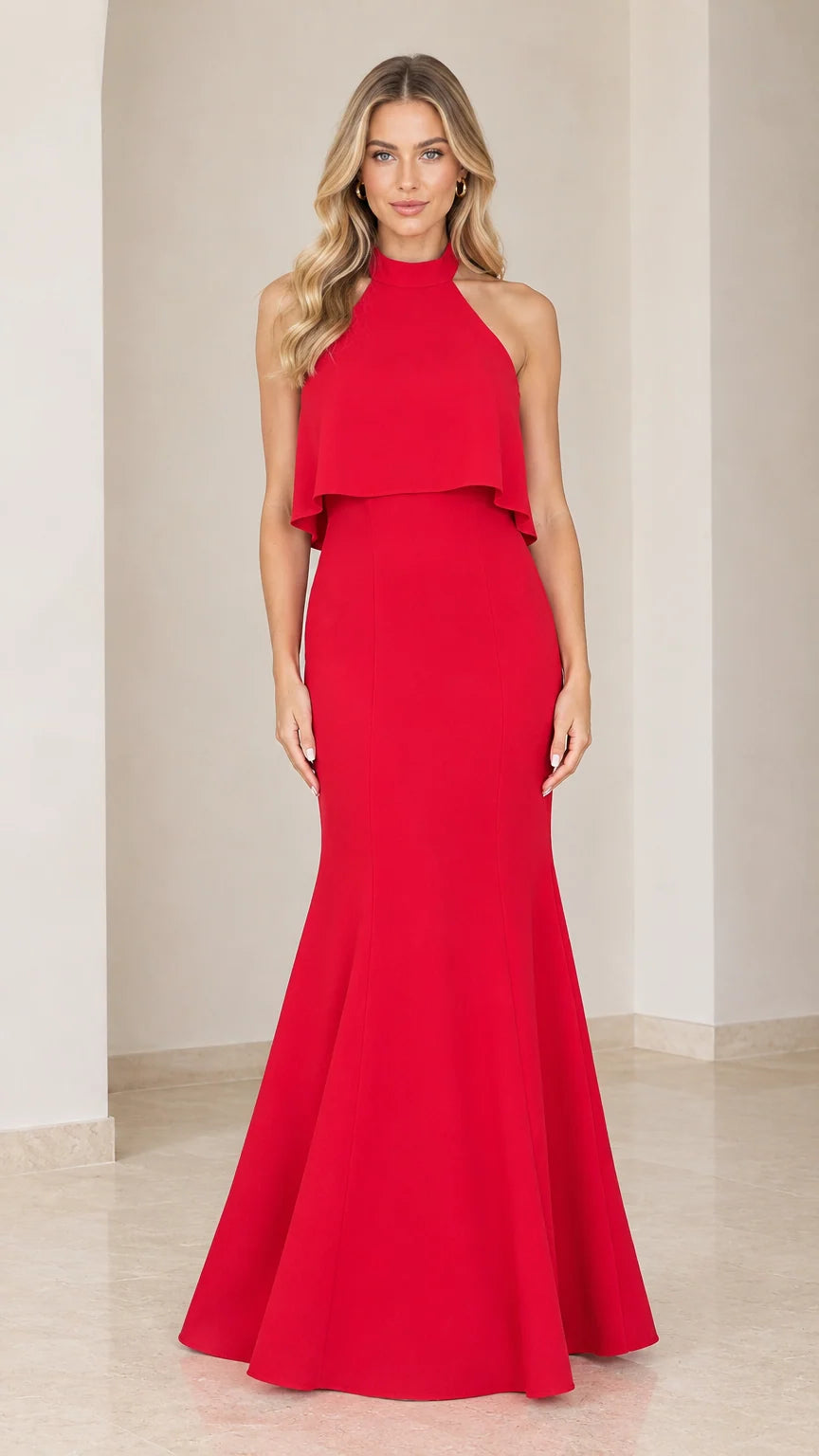 Front view of model wearing the red halter neck popover mermaid maxi dress