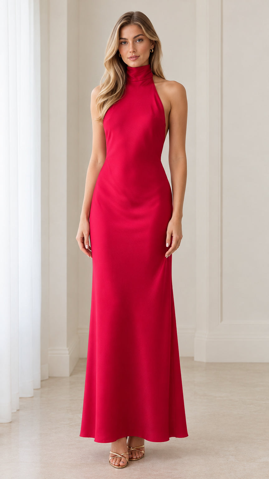 Front full-length view of woman wearing berry red high neck halter maxi dress