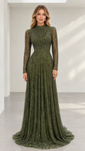 Front view of model wearing olive green high neck beaded long sleeve evening gown