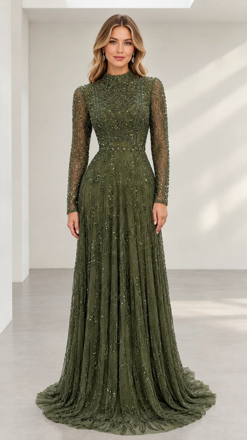 Front view of model wearing olive green high neck beaded long sleeve evening gown