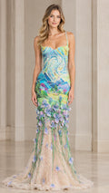 Aqua Blue impressionist beaded mermaid evening gown with 3D floral appliqués - front view