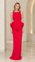 Red boat neck backless maxi dress front view with draped floral detail
