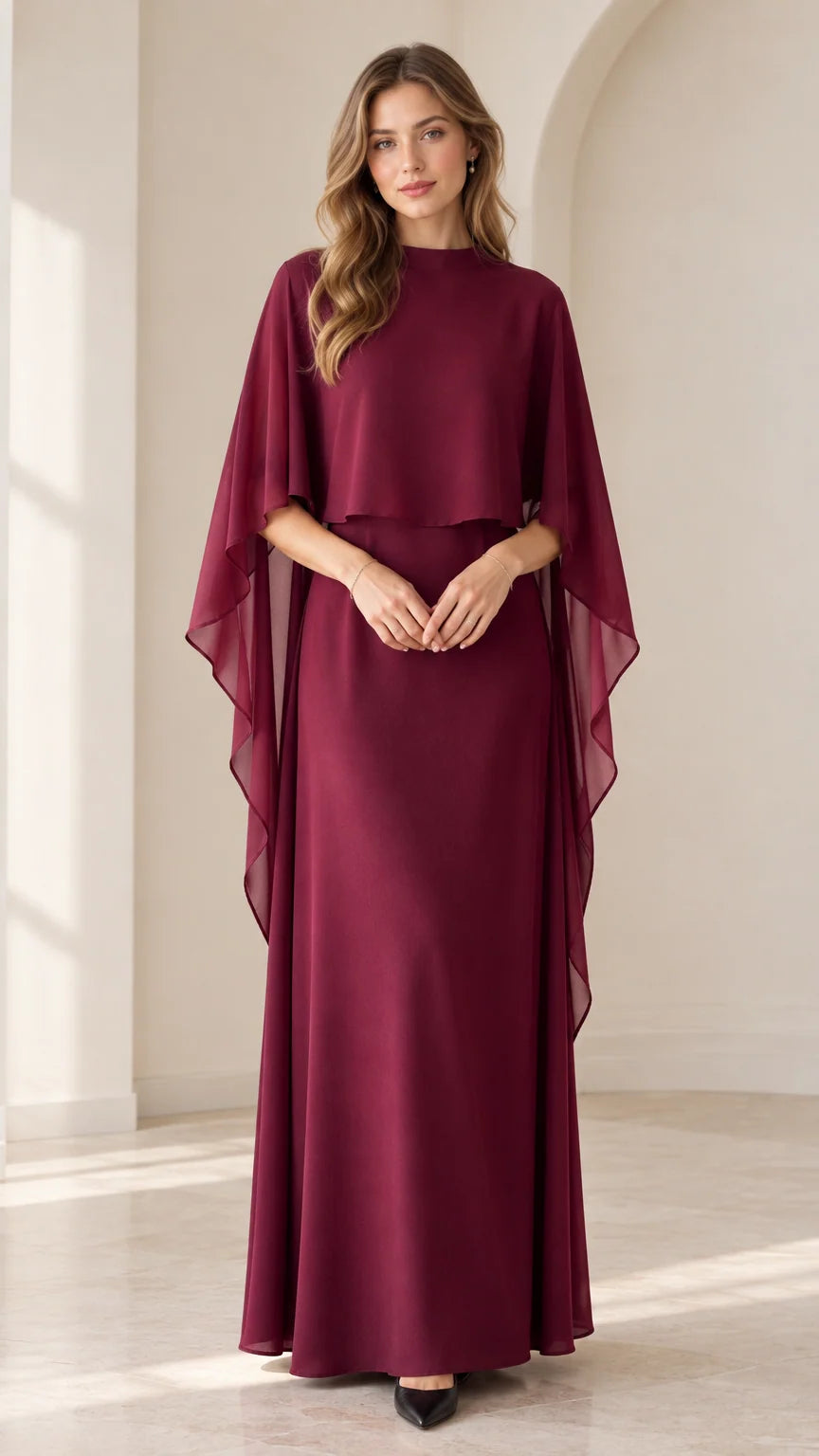 Burgundy capelet chiffon maxi dress front view