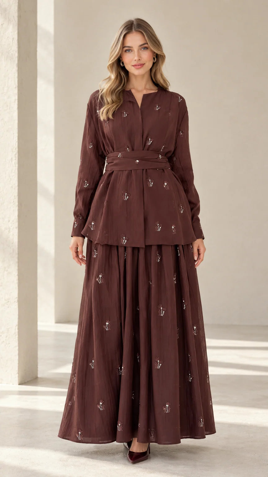 Front full view of brown embroidered belted tunic and maxi skirt two-piece set