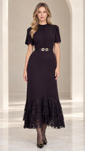 Front full-length view of model wearing black lace hem midi dress with belt