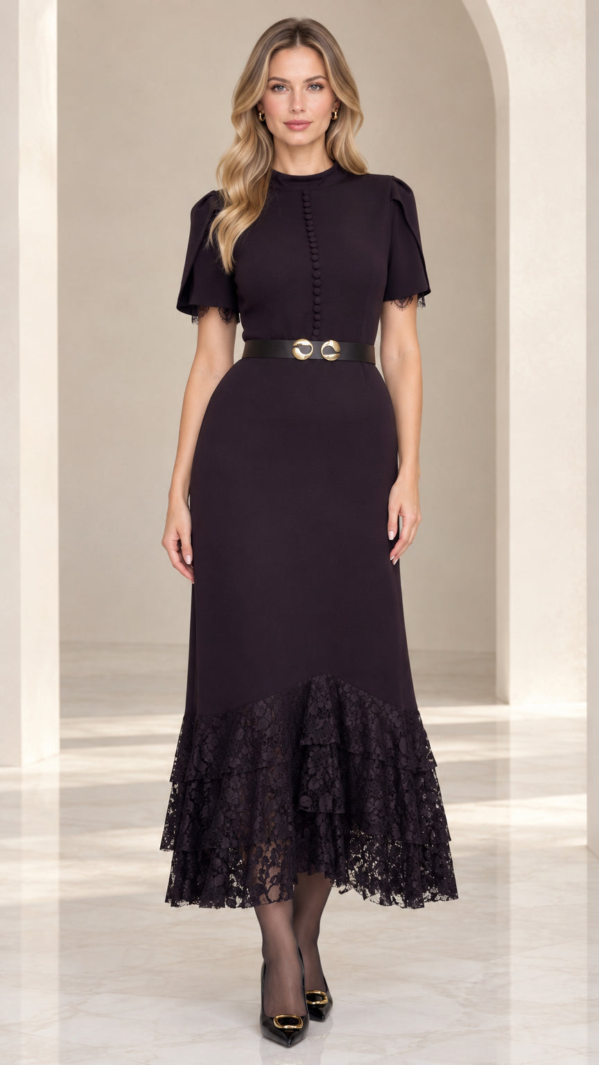 Front full-length view of model wearing black lace hem midi dress with belt
