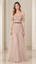 Front full-length view of champagne off-the-shoulder beaded tulle evening gown with black waist ribbon