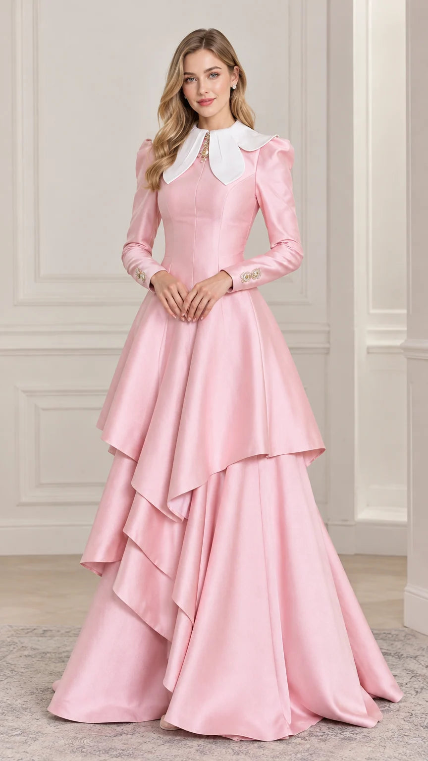 Front full-length view of woman wearing pink Victorian contrast collar tiered maxi gown