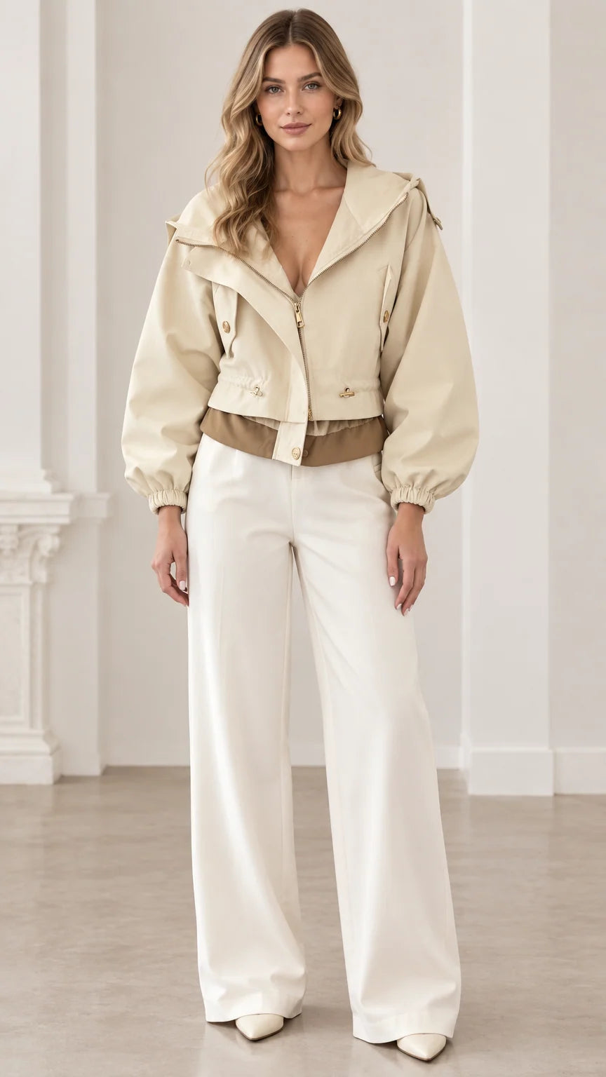 Front view of woman wearing beige cropped hooded utility jacket with white wide-leg trousers