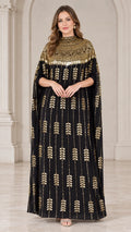 Front view of black kaftan maxi dress with gold sequin embellished neckline and cape sleeves