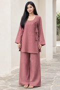 Front view of woman wearing Dusty Rose linen-look two-piece tunic and wide leg pant set
