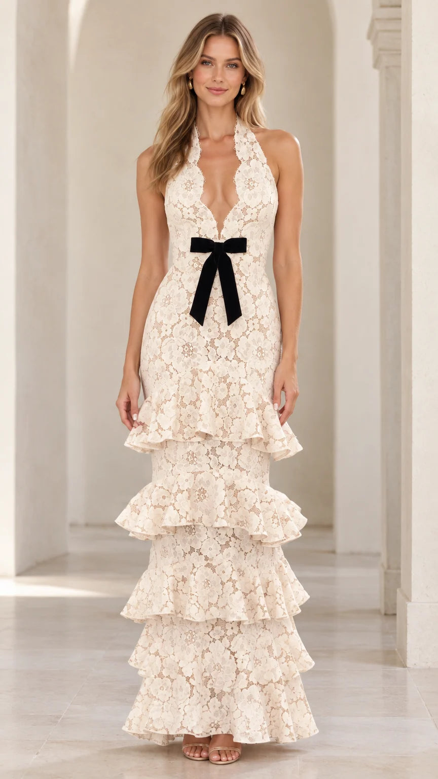 Cream floral lace halter maxi dress with plunge neckline and black velvet waist bow front view