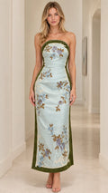 Front view of light blue strapless floral embroidered maxi dress with olive velvet panels